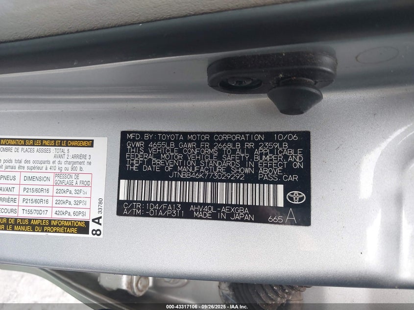 JTNBB46K773029292 2007 TOYOTA CAMRY photo no. 9
