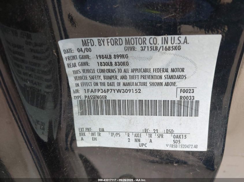 2000 Ford Focus Se VIN: 1FAFP36P7YW309152 Lot: 43317117
