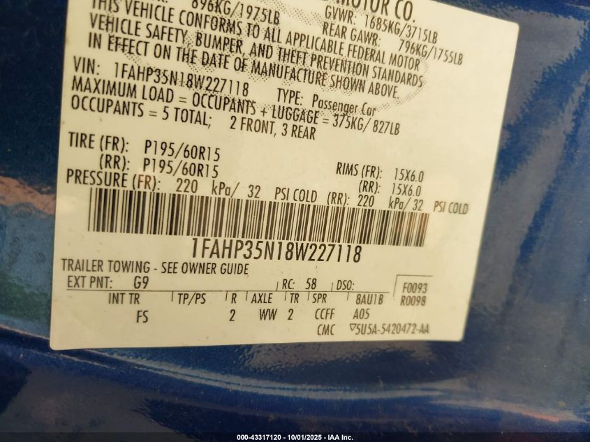 2008 Ford Focus Se/Ses VIN: 1FAHP35N18W227118 Lot: 43317120