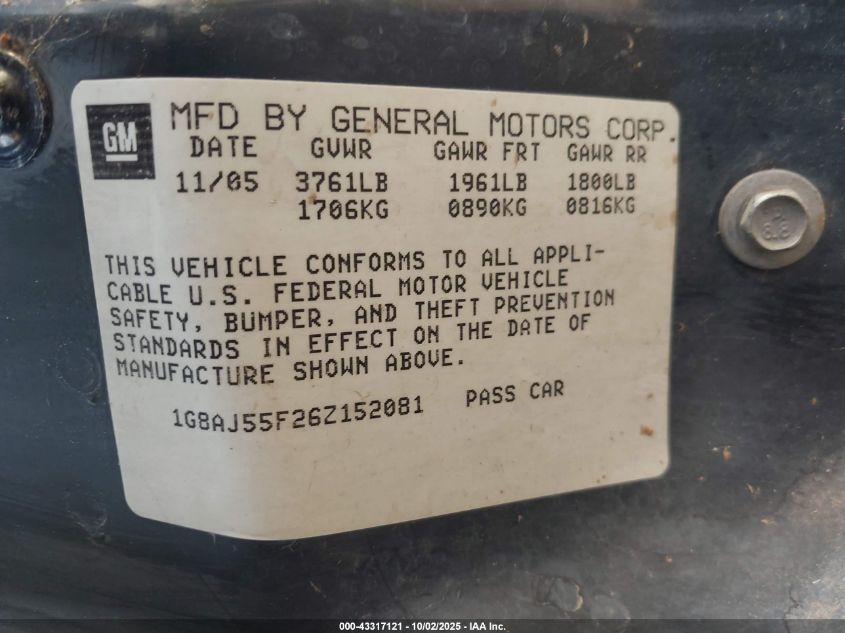 2006 Saturn Ion 2 VIN: 1G8AJ55F26Z152081 Lot: 43317121