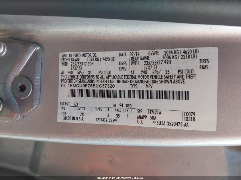 2014 Ford Escape S VIN: 1FMCU0F75EUC57320 Lot: 43317142