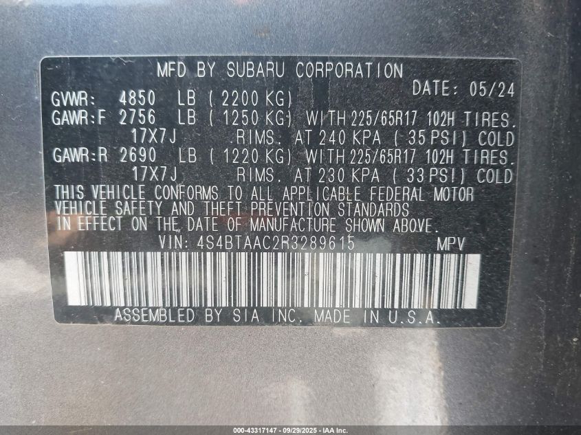 2024 Subaru Outback VIN: 4S4BTAAC2R3289615 Lot: 43317147