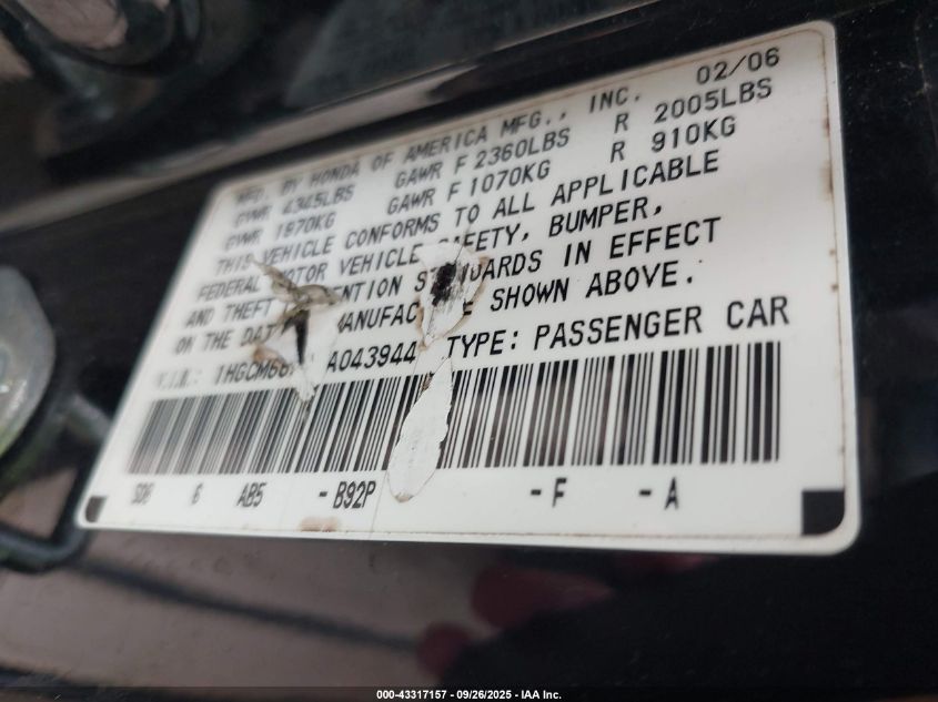 2006 Honda Accord 3.0 Ex VIN: 1HGCM66506A043944 Lot: 43317157