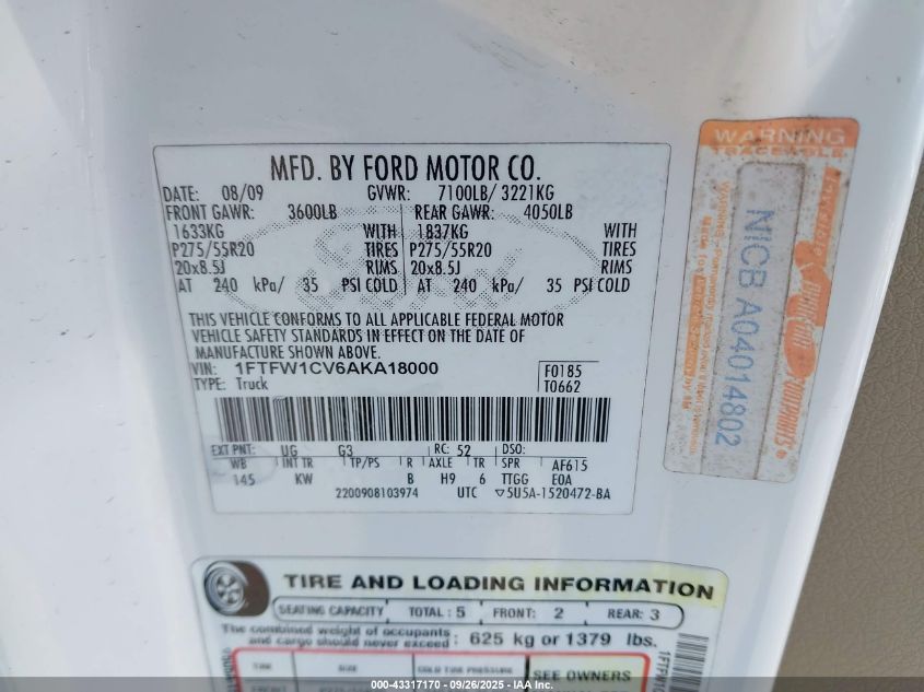 2010 Ford F-150 Fx2 Sport/Harley-Davidson/King Ranch/Lariat/Platinum/Xl/Xlt VIN: 1FTFW1CV6AKA18000 Lot: 43317170