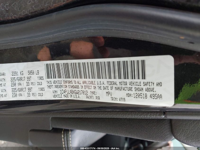 2016 Jeep Cherokee Sport VIN: 1C4PJLABXGW217012 Lot: 43317174