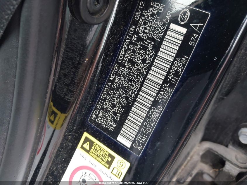 2012 Lexus Ct 200H Premium VIN: JTHKD5BH6C2093529 Lot: 43317177