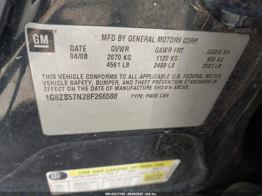 2008 Saturn Aura Xe VIN: 1G8ZS57N28F266588 Lot: 43317185