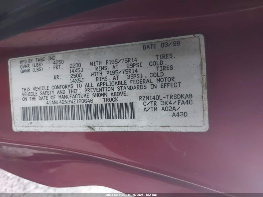 1998 Toyota Tacoma VIN: 4TANL42N3WZ120646 Lot: 43317190