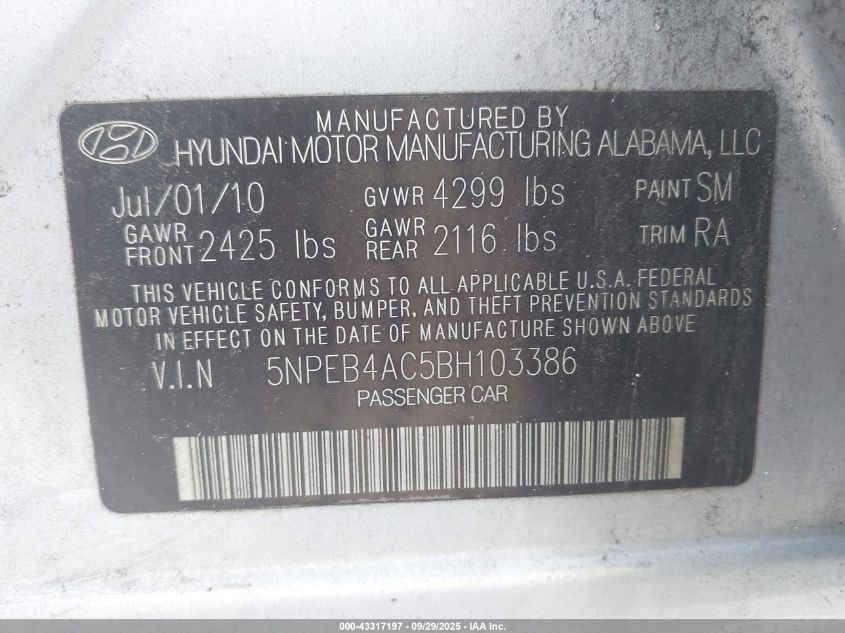 2011 Hyundai Sonata Gls VIN: 5NPEB4AC5BH103386 Lot: 43317197