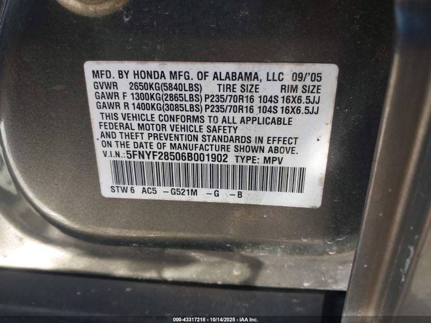 2006 Honda Pilot Ex-L VIN: 5FNYF28506B001902 Lot: 43317218