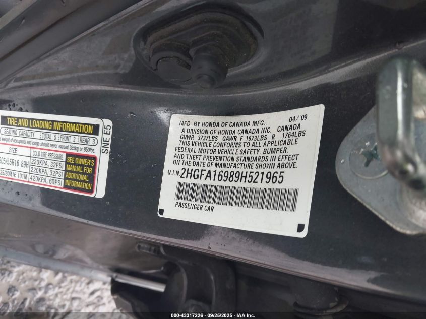 2009 Honda Civic Ex-L VIN: 2HGFA16989H521965 Lot: 43317226