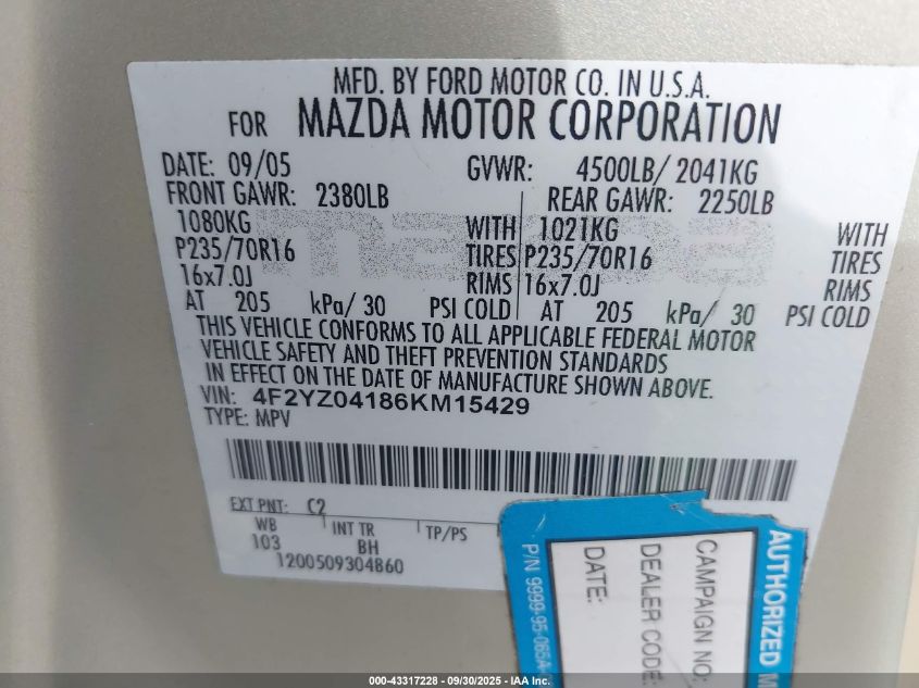 2006 Mazda Tribute S VIN: 4F2YZ04186KM15429 Lot: 43317228