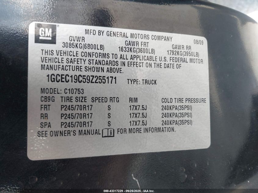 2009 Chevrolet Silverado 1500 Ls VIN: 1GCEC19C59Z255171 Lot: 43317229