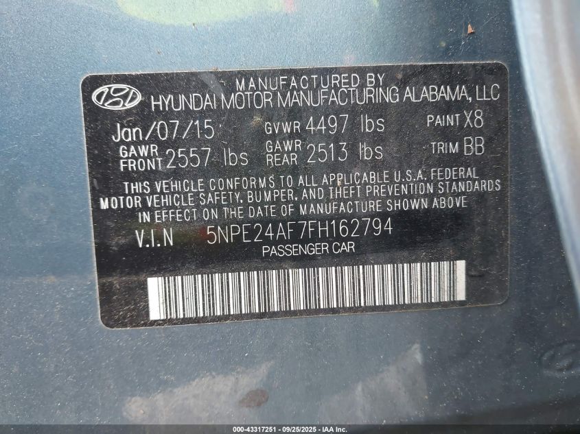 2015 Hyundai Sonata Se VIN: 5NPE24AF7FH162794 Lot: 43317251