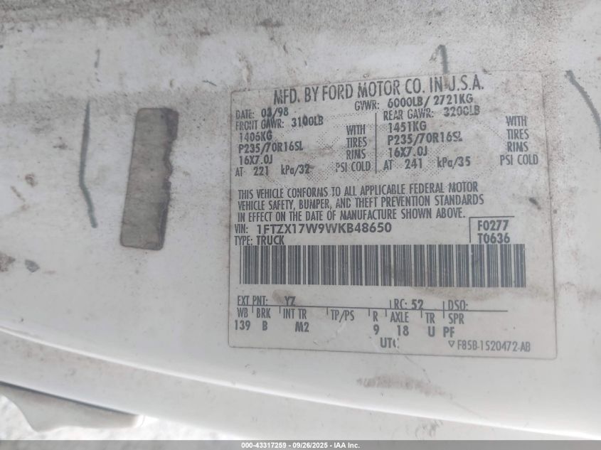 1998 Ford F-150 Lariat/Standard/Xl/Xlt VIN: 1FTZX17W9WKB48650 Lot: 43317259
