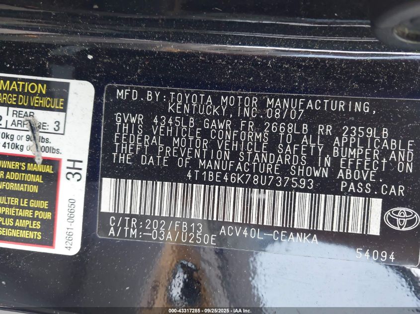 2008 Toyota Camry Le VIN: 4T1BE46K78U737593 Lot: 43317285