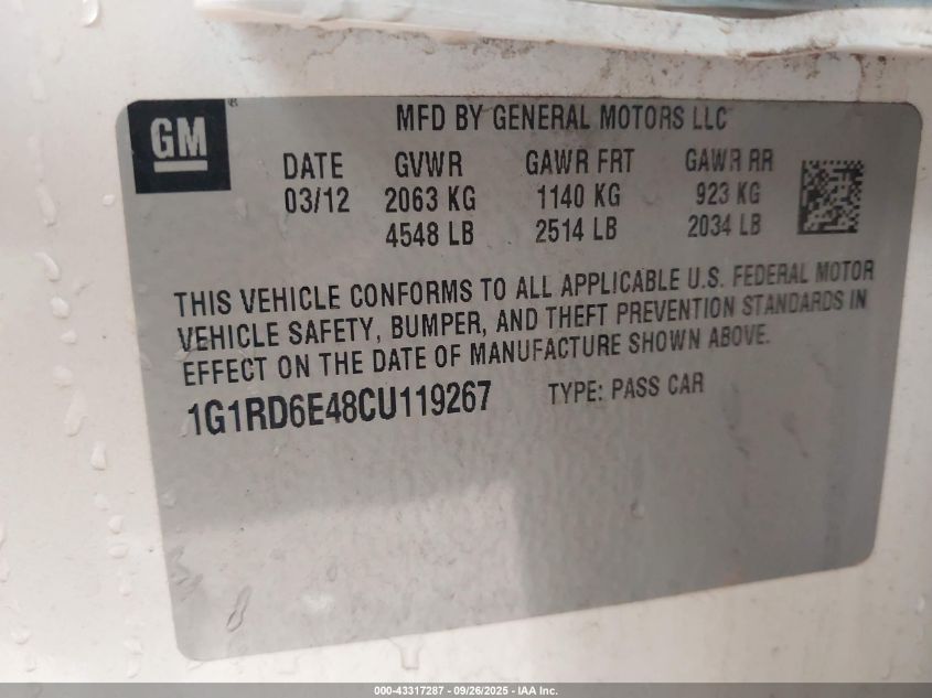 2012 Chevrolet Volt VIN: 1G1RD6E48CU119267 Lot: 43317287