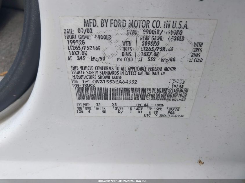 2003 Ford F-350 Lariat/Xl/Xlt VIN: 1FTSW31S53EA64552 Lot: 43317297