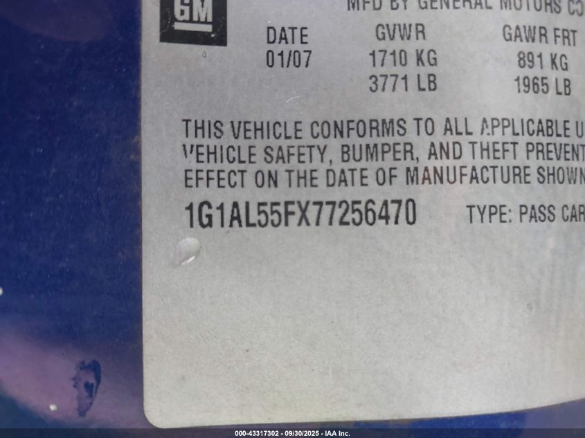 2007 Chevrolet Cobalt Lt VIN: 1G1AL55FX77256470 Lot: 43317302