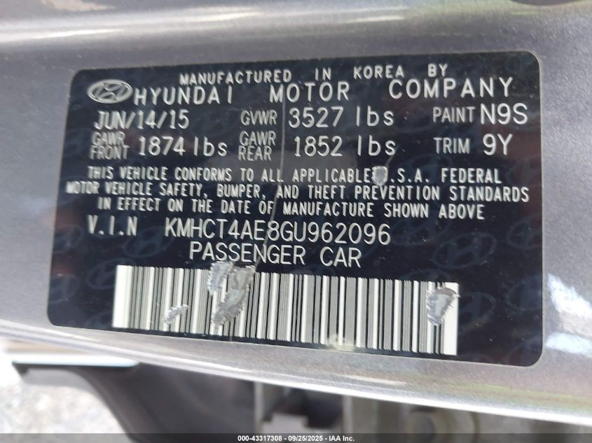 2016 Hyundai Accent Se VIN: KMHCT4AE8GU962096 Lot: 43317308