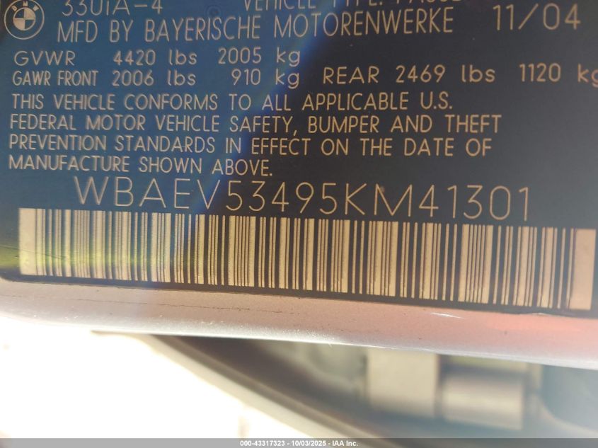 2005 BMW 330I VIN: WBAEV53495KM41301 Lot: 43317323