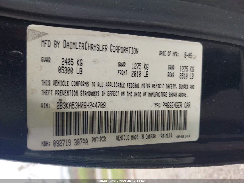 2006 Dodge Charger Rt VIN: 2B3KA53H06H244709 Lot: 43317330