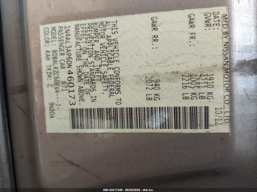 2013 NISSAN ALTIMA 2.5 S 1N4AL3AP6DN460173