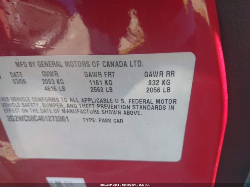 2006 Pontiac Grand Prix Gxp VIN: 2G2WC58C461273361 Lot: 43317351