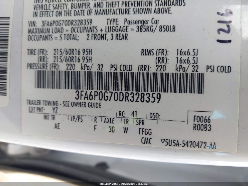 2013 Ford Fusion S VIN: 3FA6P0G70DR328359 Lot: 43317355