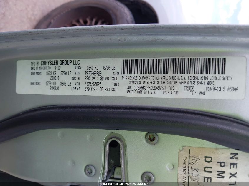 2013 Ram 1500 Slt VIN: 1C6RR6GPXDS649759 Lot: 43317360