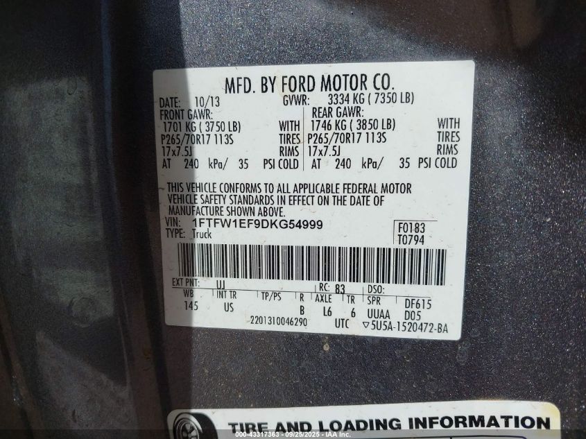 2013 Ford F-150 Xl VIN: 1FTFW1EF9DKG54999 Lot: 43317363