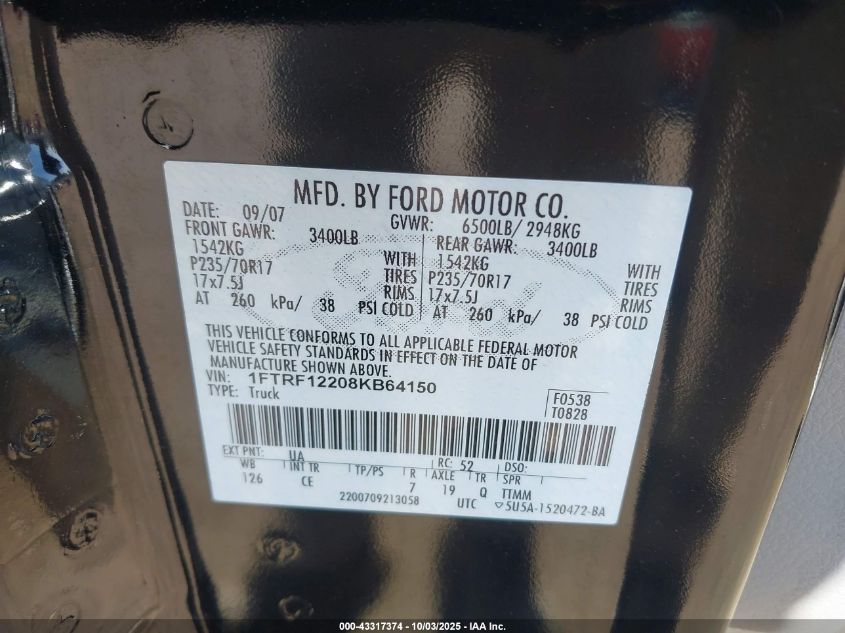 2008 Ford F-150 Stx/Xl/Xlt VIN: 1FTRF12208KB64150 Lot: 43317374