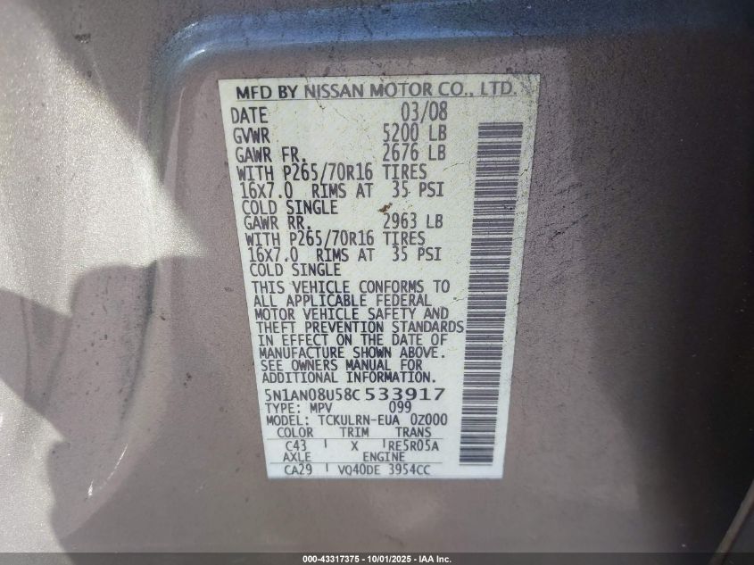 2008 Nissan Xterra S VIN: 5N1AN08U58C533917 Lot: 43317375