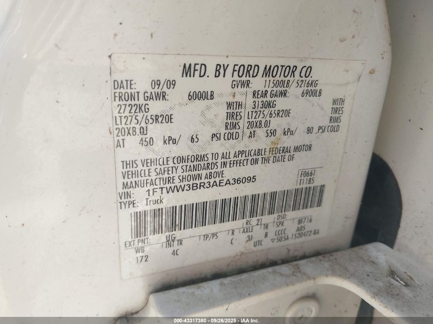2010 Ford F-350 Cabela's/Harley-Davidson/King Ranch/Lariat/Xl/Xlt VIN: 1FTWW3BR3AEA36095 Lot: 43317380