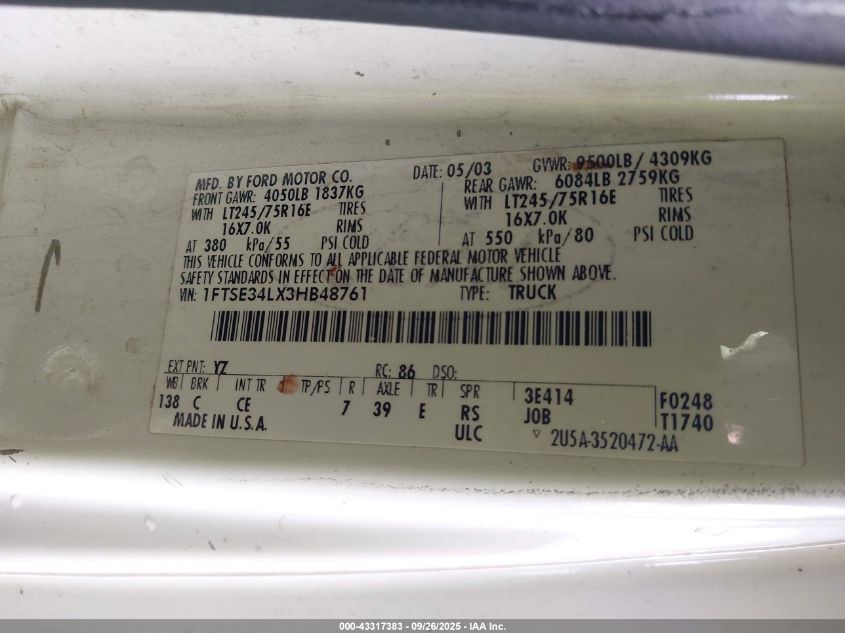 2003 Ford E-350 Super Duty Commercial/Recreational VIN: 1FTSE34LX3HB48761 Lot: 43317383