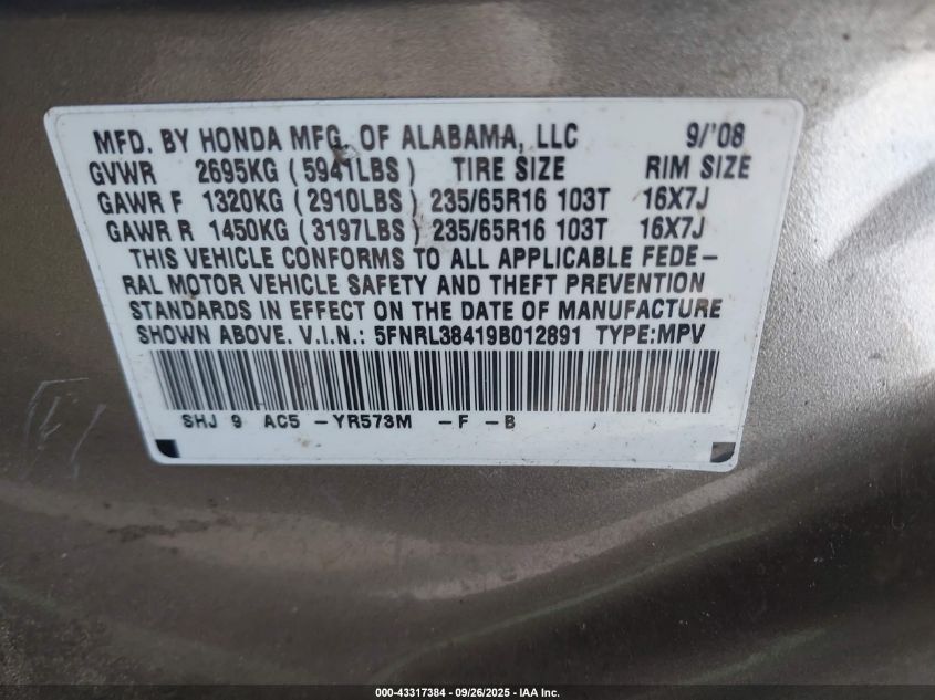 2009 Honda Odyssey Ex VIN: 5FNRL38419B012891 Lot: 43317384