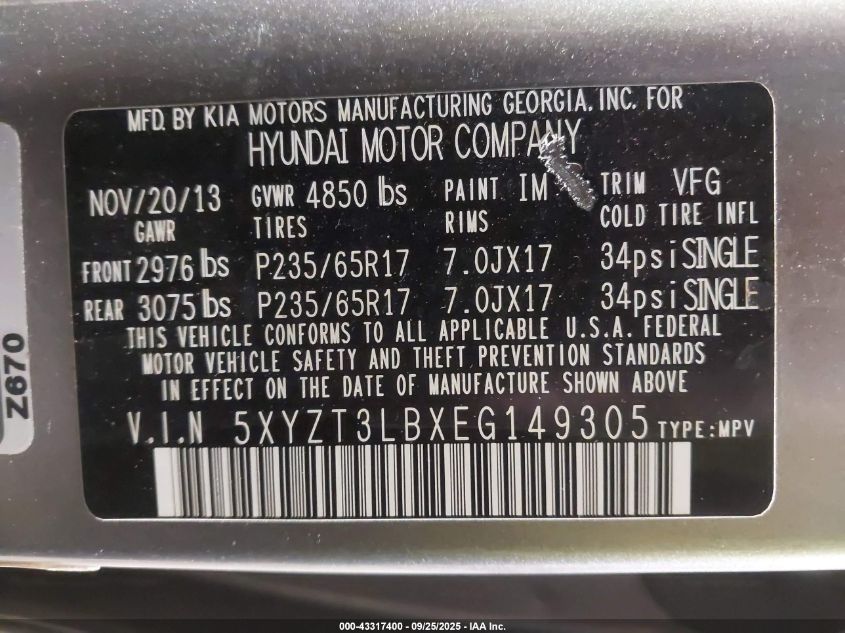 2014 Hyundai Santa Fe Sport 2.4L VIN: 5XYZT3LBXEG149305 Lot: 43317400