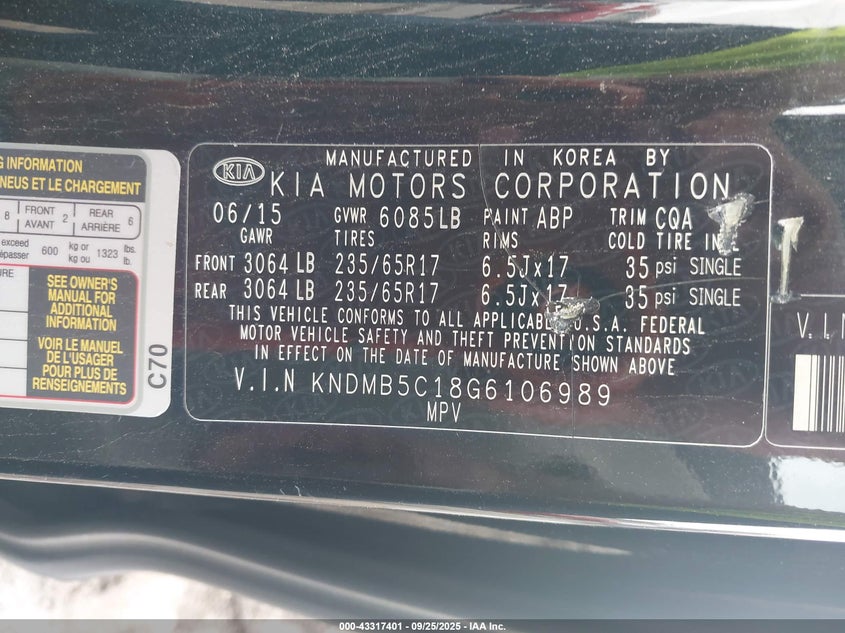 2016 Kia Sedona Lx VIN: KNDMB5C18G6106989 Lot: 43317401