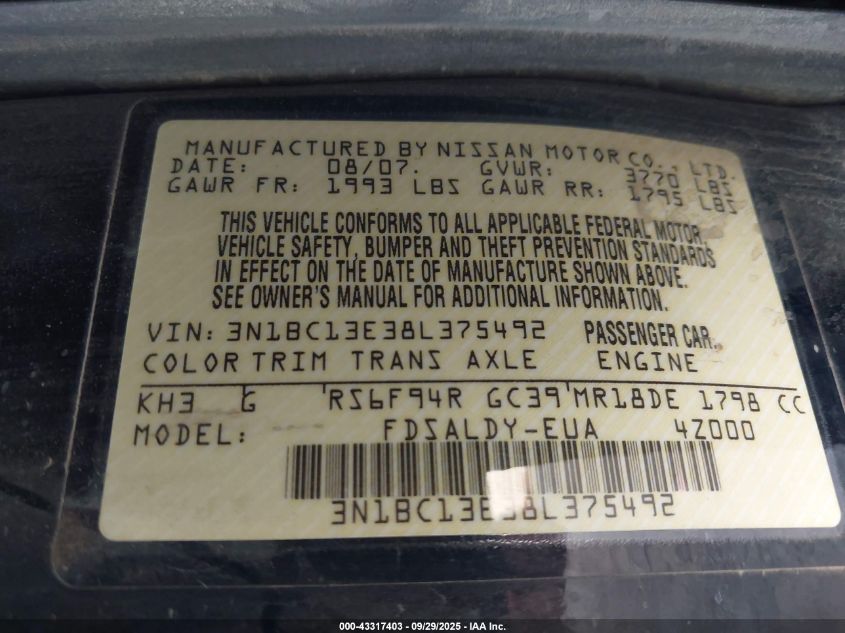 2008 Nissan Versa 1.8S VIN: 3N1BC13E38L375492 Lot: 43317403