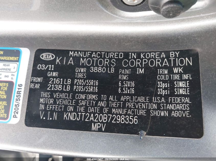 2011 Kia Soul + VIN: KNDJT2A20B7298356 Lot: 43317407