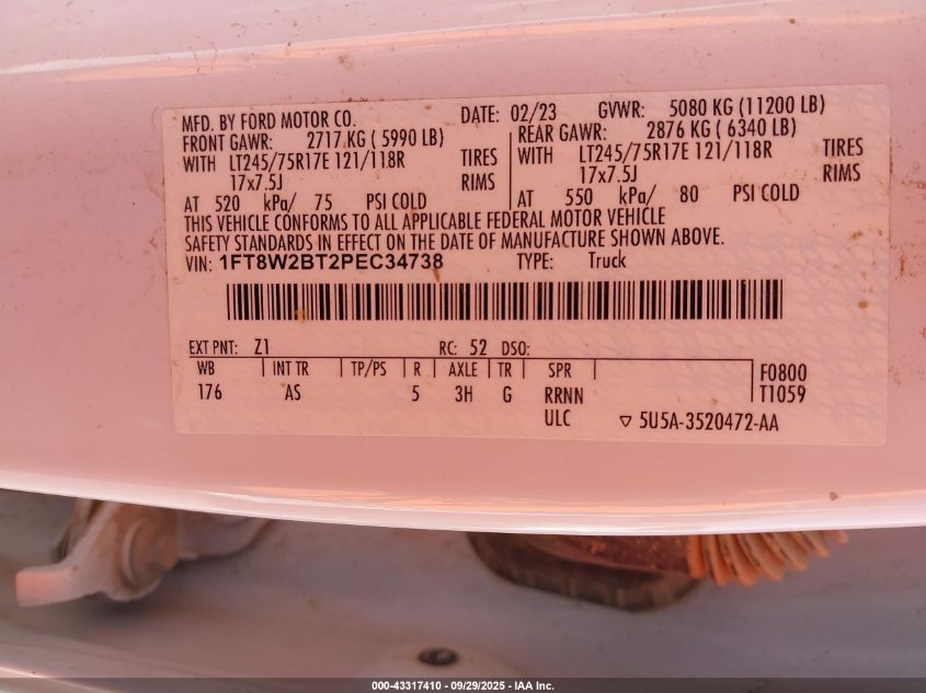 2023 Ford F-250 Xl VIN: 1FT8W2BT2PEC34738 Lot: 43317410