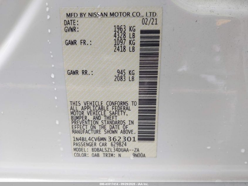 2021 Nissan Altima Sr Fwd VIN: 1N4BL4CV6MN362301 Lot: 43317414