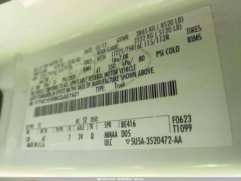 2012 Ford E-150 Commercial VIN: 1FTNE1EW8CDA81921 Lot: 43317418