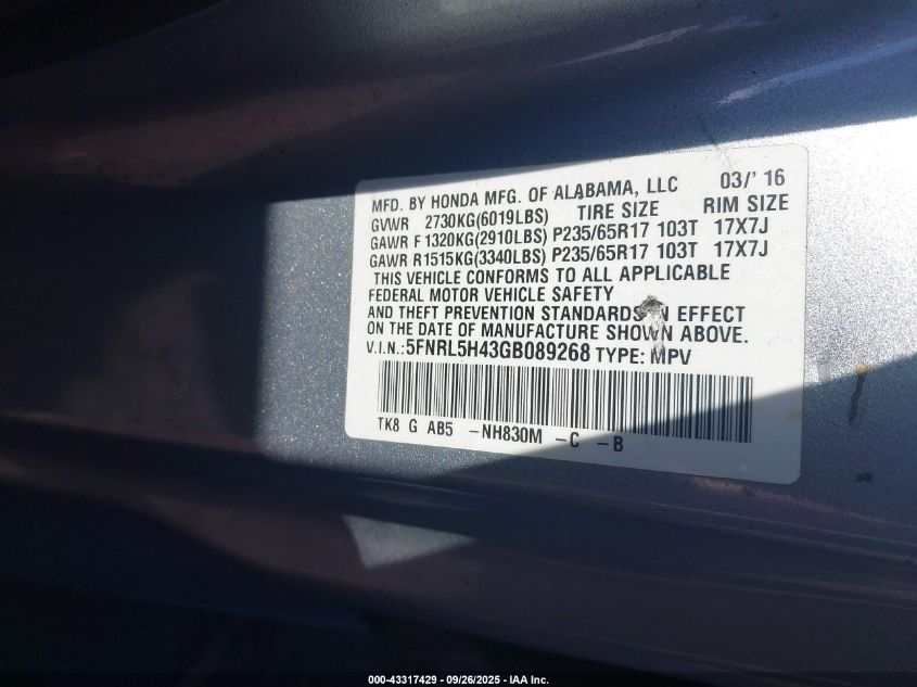 2016 Honda Odyssey Ex VIN: 5FNRL5H43GB089268 Lot: 43317429