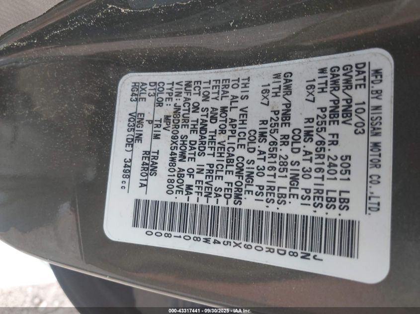 2004 Nissan Pathfinder Se VIN: JN8DR09X54W801800 Lot: 43317441