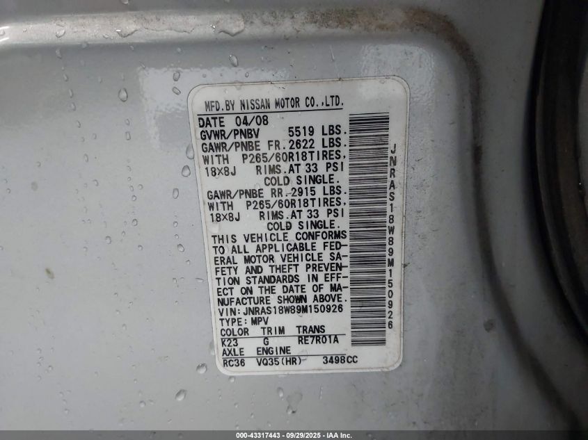 2009 Infiniti Fx35 VIN: JNRAS18W89M150926 Lot: 43317443