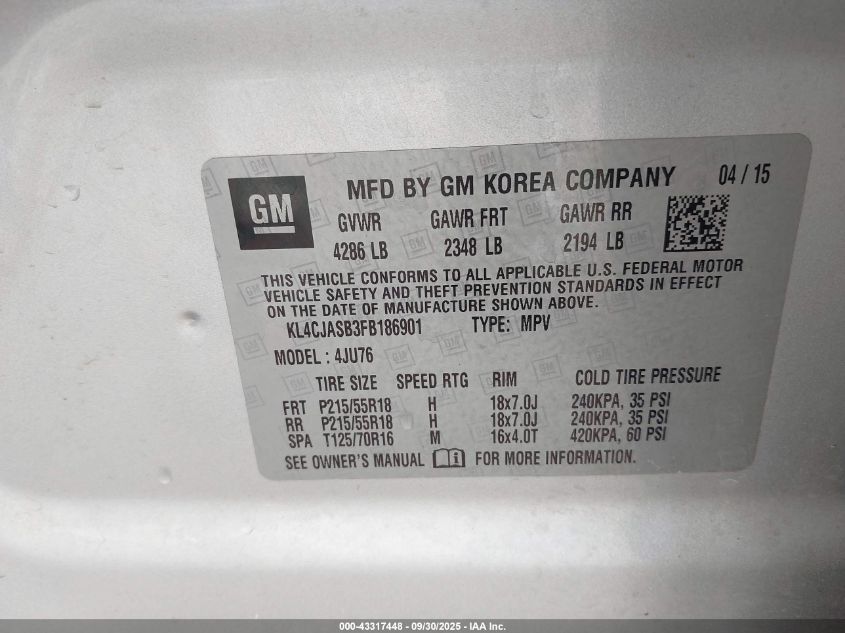 2015 Buick Encore VIN: KL4CJASB3FB186901 Lot: 43317448