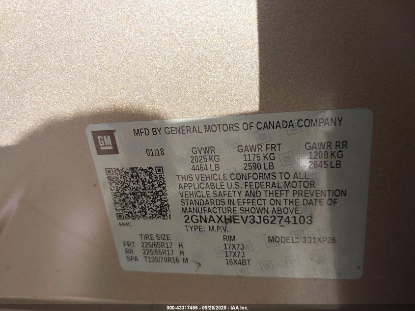 2018 Chevrolet Equinox Ls VIN: 2GNAXHEV3J6274103 Lot: 43317456