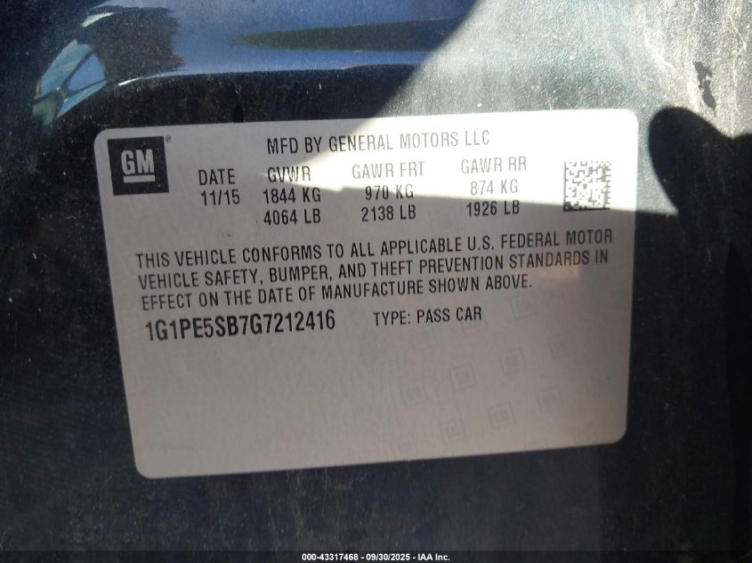 2016 Chevrolet Cruze Limited 1Lt Auto VIN: 1G1PE5SB7G7212416 Lot: 43317468