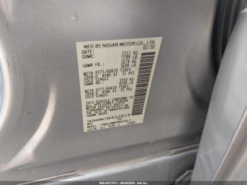 2010 Nissan Armada Platinum VIN: 5N1BA0NE7AN612819 Lot: 43317471